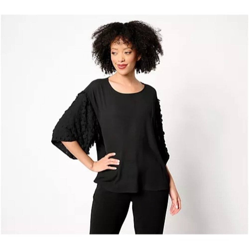 Dennis Basso Woven Top with Paillette Sleeves Black Large A686958 LN/NWT